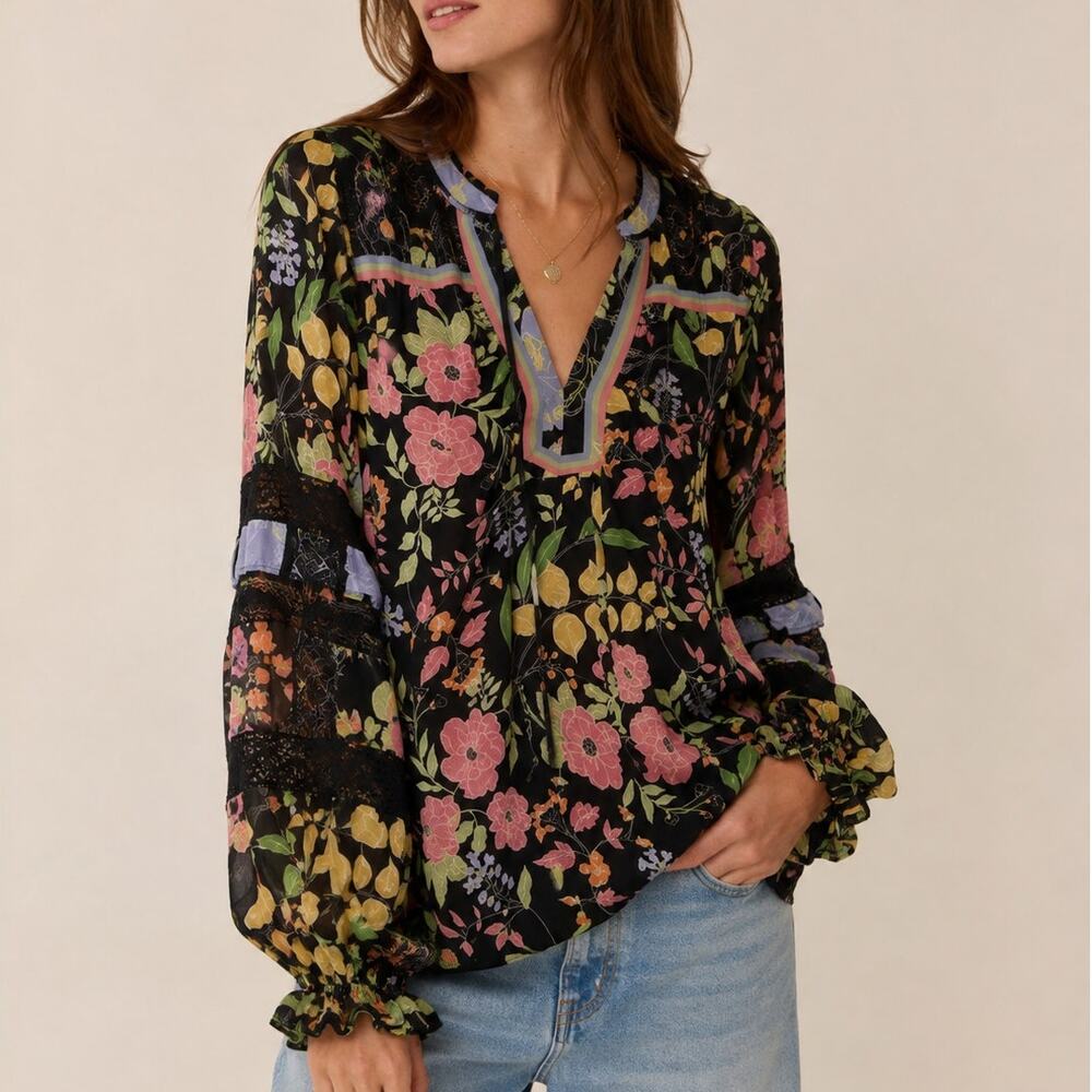 Hale Bob Floral Lace Trim Blouse Michaela Size Medium Prairie Boho Career